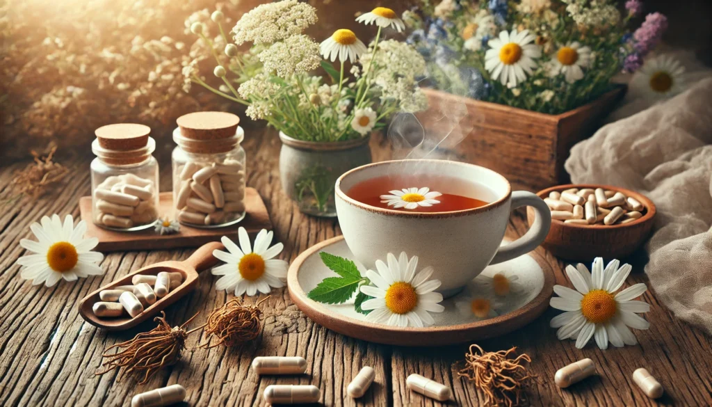 A cozy, natural scene of a steaming cup of chamomile tea surrounded by sprigs of chamomile flowers, ashwagandha roots, and capsules, placed on a rustic wooden table with soft natural light, representing calm and anxiety relief.