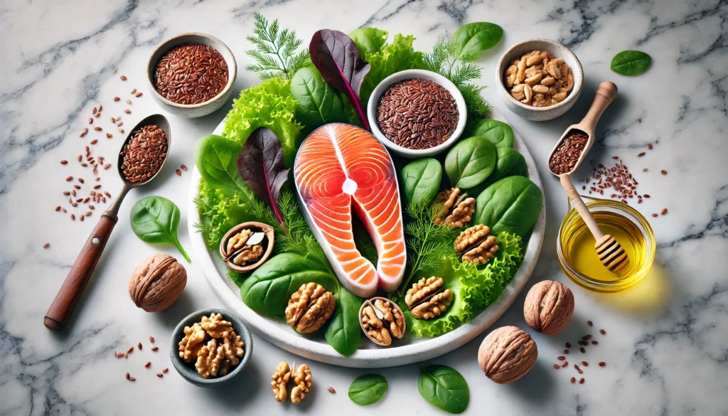 A vibrant arrangement of fresh salmon fillets, walnuts, and flaxseeds on a clean white plate, accented by leafy greens, symbolizing Omega-3-rich foods that support anxiety relief and brain health