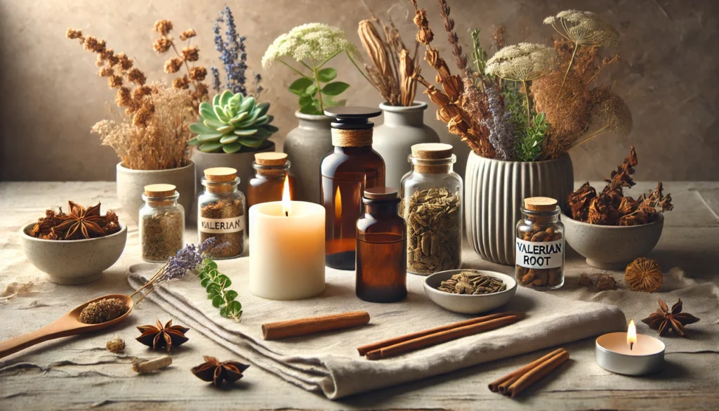 A serene tabletop display featuring bottles of herbal supplements, such as Rhodiola Rosea and Valerian Root, arranged alongside dried herbs and a calming candle, set on a soft linen cloth, evoking relaxation and mental wellness.
