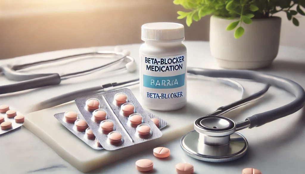 "A serene composition showing beta-blocker medication packets alongside a stethoscope, placed on a white marble countertop with soft natural lighting, symbolizing anxiety symptom management.