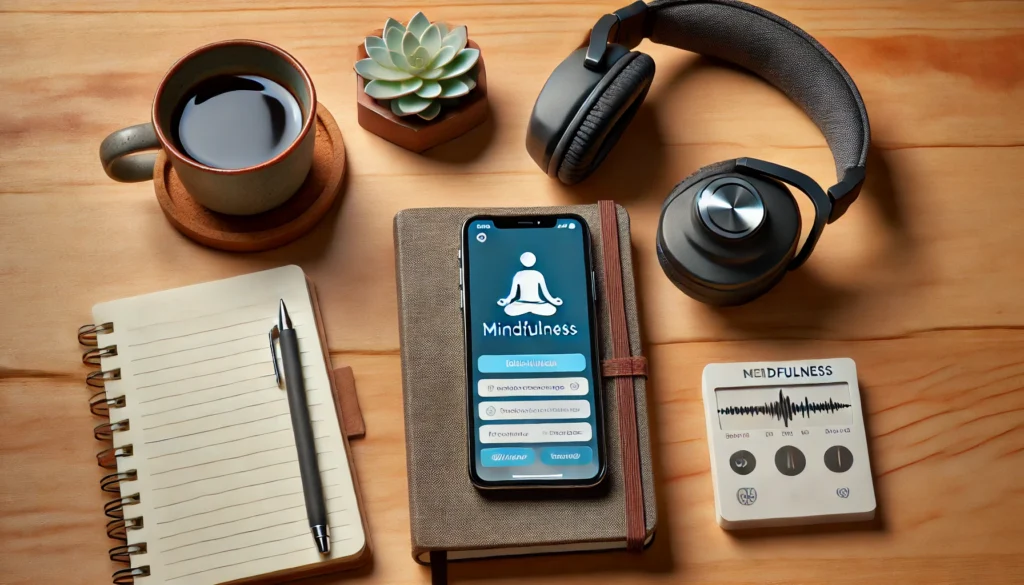 A modern setup showcasing a smartphone displaying a mindfulness app, a set of noise-canceling headphones, and a notepad, symbolizing digital tools and techniques for managing anxiety in the moment.