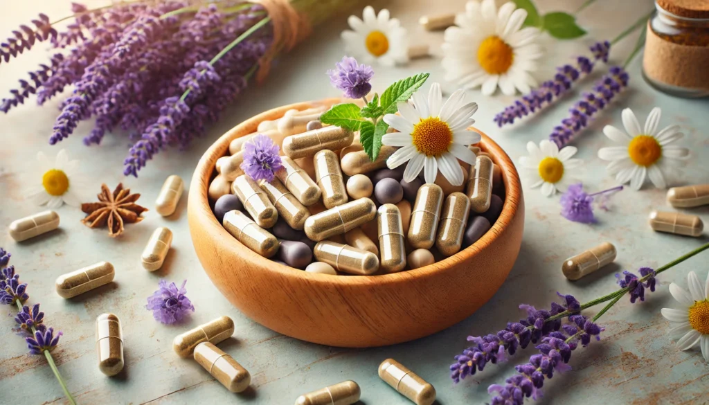 Close-up of herbal supplements including valerian root and chamomile capsules in a wooden bowl, with lavender flowers in the background. Highlights natural remedies for anxiety management.