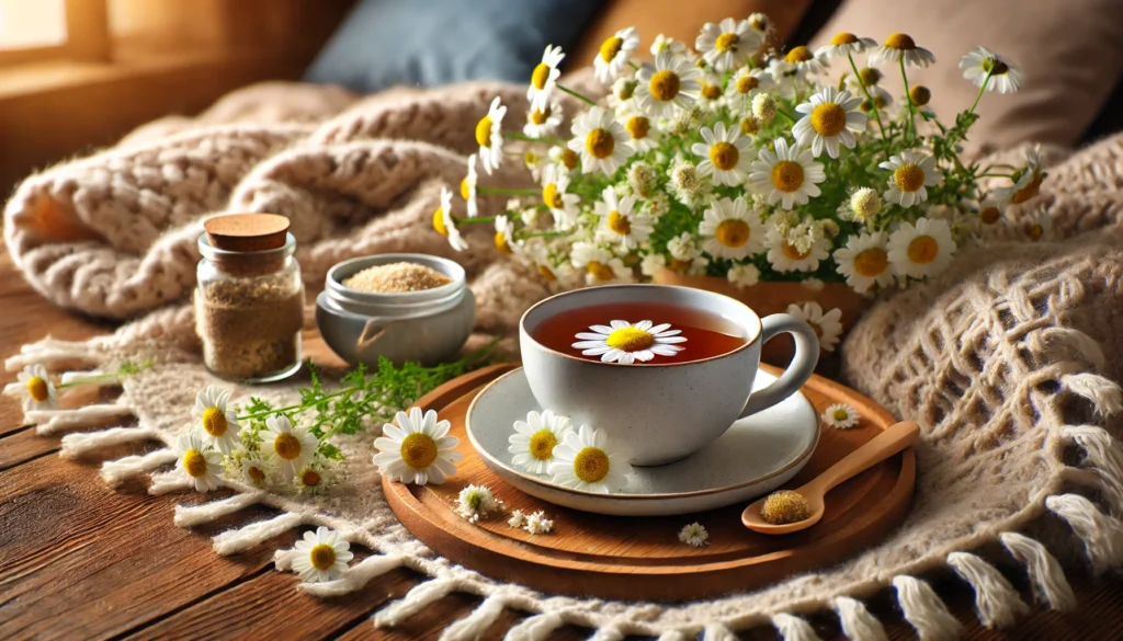 A relaxing scene featuring a cup of chamomile tea on a wooden table, surrounded by fresh chamomile flowers and a cozy blanket in the background. Represents natural remedies and tranquility for managing anxiety.