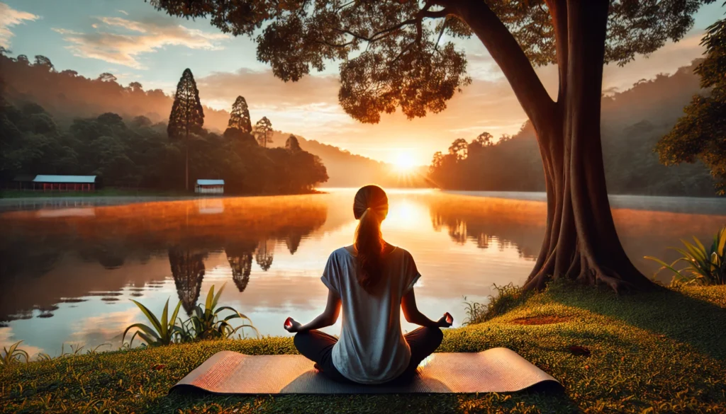 A scene of a yoga practitioner in a serene environment.
