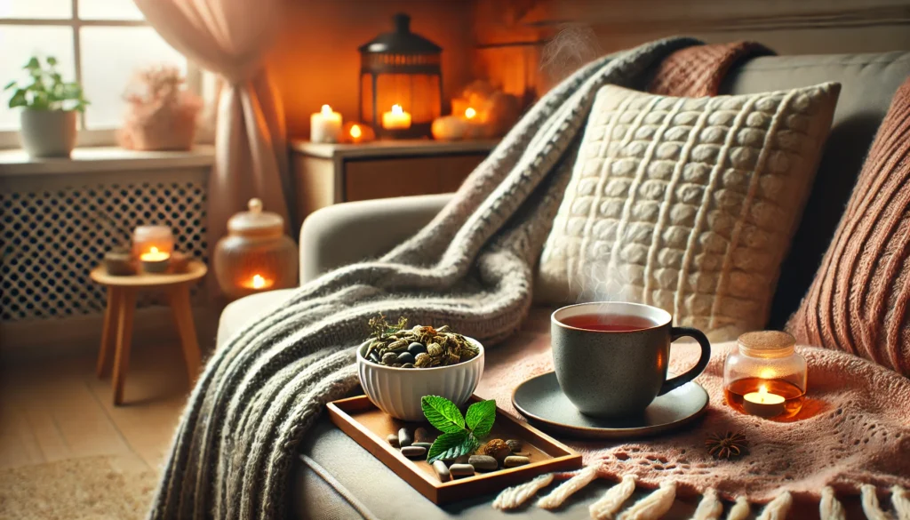 A close-up view of a cozy setup with a weighted blanket draped over a sofa, a steaming cup of herbal tea on a small table, and soft ambient lighting in the background. Suitable for the keyword 'best supplements for anxiety'
