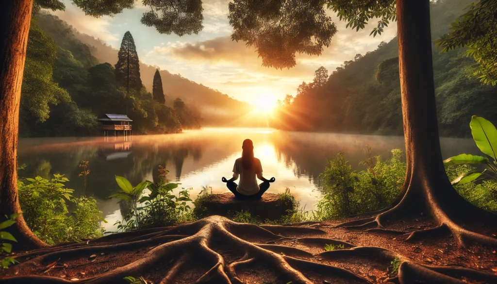 A tranquil outdoor scene with a person meditating by a calm lake at sunrise, surrounded by nature, symbolizing mindfulness and mental well-being. Suitable for the keyword 'natural remedies for anxiety'.
