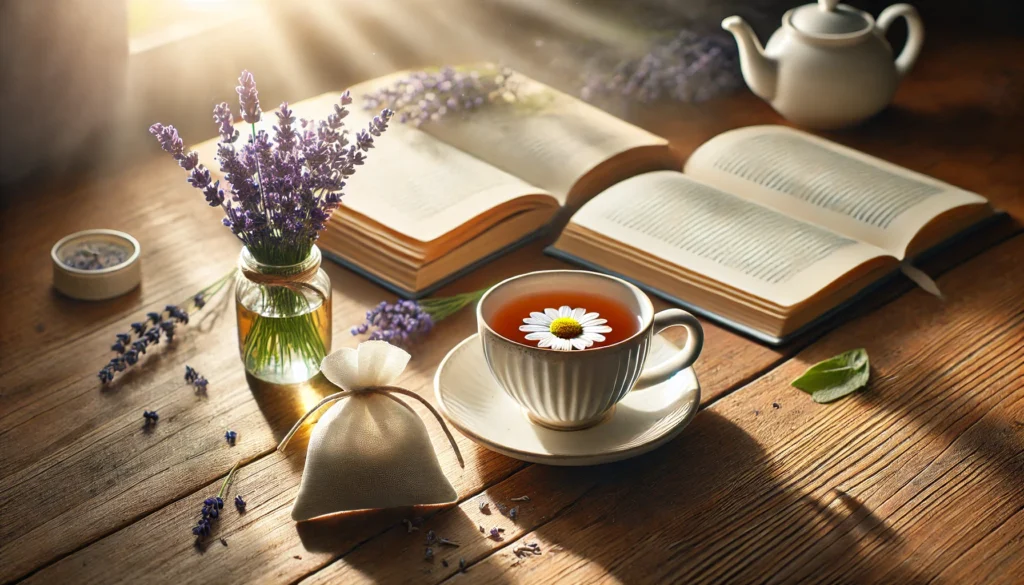 A tranquil scene with a cup of chamomile tea on a wooden table, accompanied by a lavender sachet and an open journal with soft sunlight streaming in through a nearby window. Suitable for illustrating natural remedies for panic attack relief.