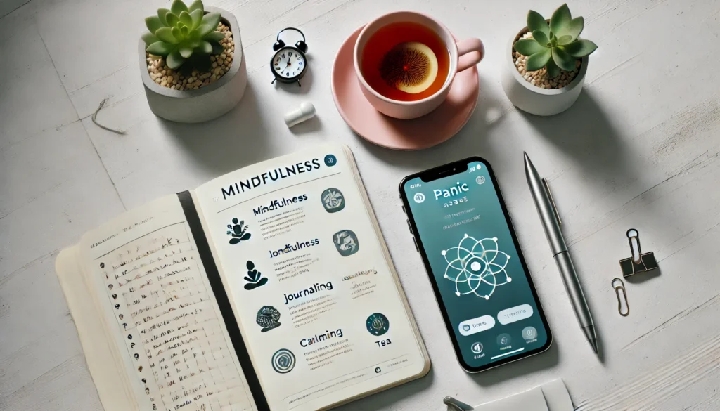 "A minimalistic workspace with a smartphone displaying a mindfulness app, a notebook open with journaling entries, and a calming cup of herbal tea on the side. Suitable for illustrating technology and tools for managing panic attacks.