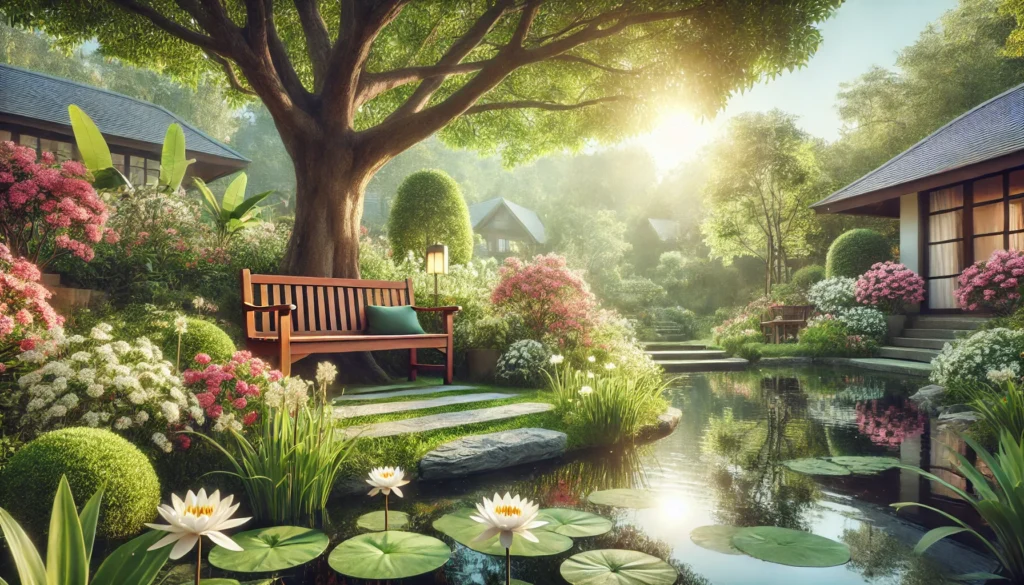 A scenic outdoor view designed for relaxation, featuring a serene garden with a wooden bench under a large tree, surrounded by blooming flowers and lush greenery. A small pond with lily pads is in the foreground, reflecting the gentle sunlight under a clear blue sky. The setting evokes a peaceful and rejuvenating atmosphere, ideal for mindfulness or meditation."A scenic outdoor view designed for relaxation, featuring a serene garden with a wooden bench under a large tree, surrounded by blooming flowers and lush greenery. A small pond with lily pads is in the foreground, reflecting the gentle sunlight under a clear blue sky. The setting evokes a peaceful and rejuvenating atmosphere, ideal for mindfulness or meditation."
