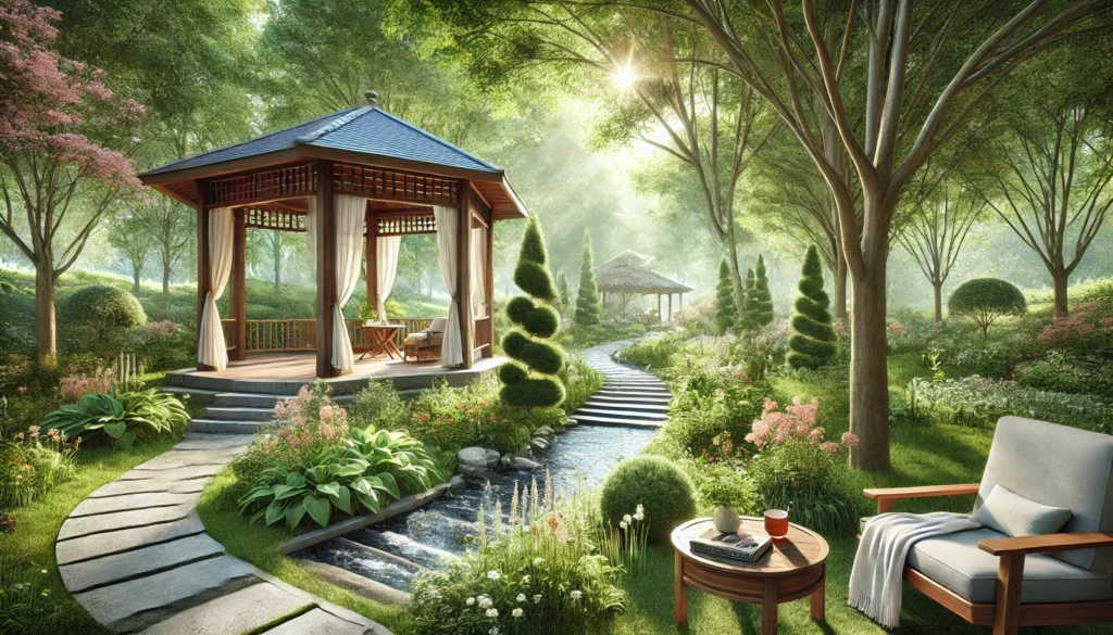 A peaceful outdoor setting designed for relaxation, featuring a wooden gazebo surrounded by lush greenery, soft natural lighting, and a tranquil ambiance. Ideal for moments of calm and mindfulness.