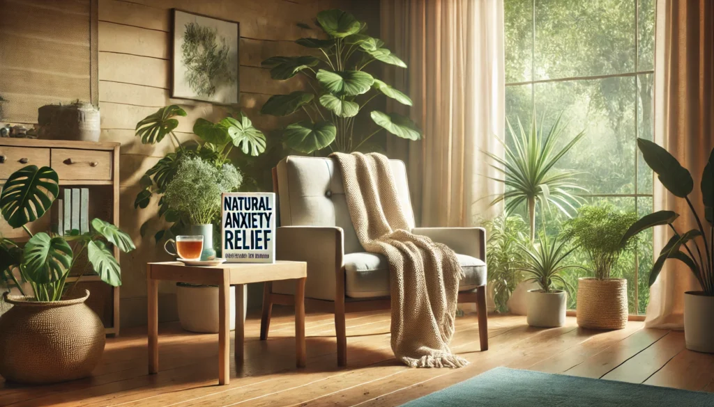 A tranquil living room with natural lighting, featuring a cozy armchair with a blanket, a table with a cup of herbal tea and a book on anxiety relief, and lush indoor plants creating a serene and relaxing environment.