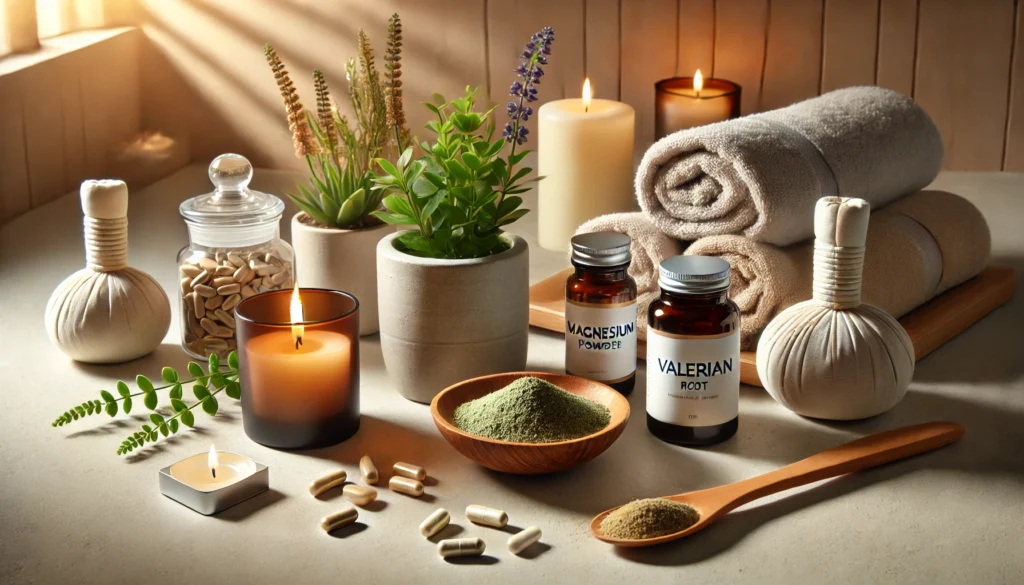 A calming spa-like setting featuring natural supplements for anxiety, such as valerian root, magnesium capsules, and L-theanine powder, arranged with a lit candle, a small potted plant, and rolled towels on a minimalist surface under warm lighting, highlighting the “best supplements for anxiety.”