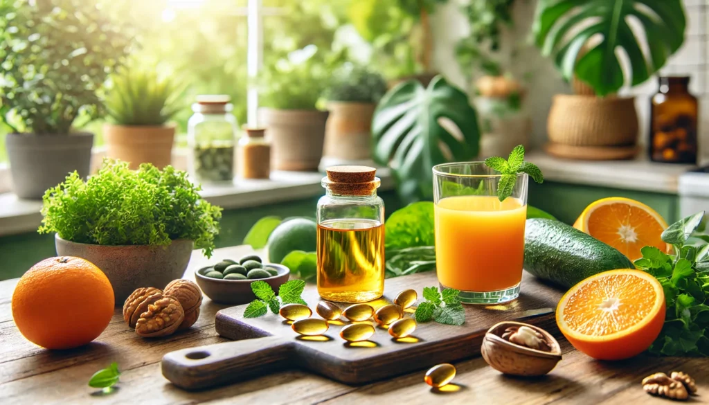 A fresh and vibrant kitchen counter scene with anxiety-relieving supplements, including omega-3 fish oil capsules, leafy greens, walnuts, and a glass of freshly squeezed orange juice, illuminated by natural light and surrounded by greenery, emphasizing the “best supplements for anxiety.”