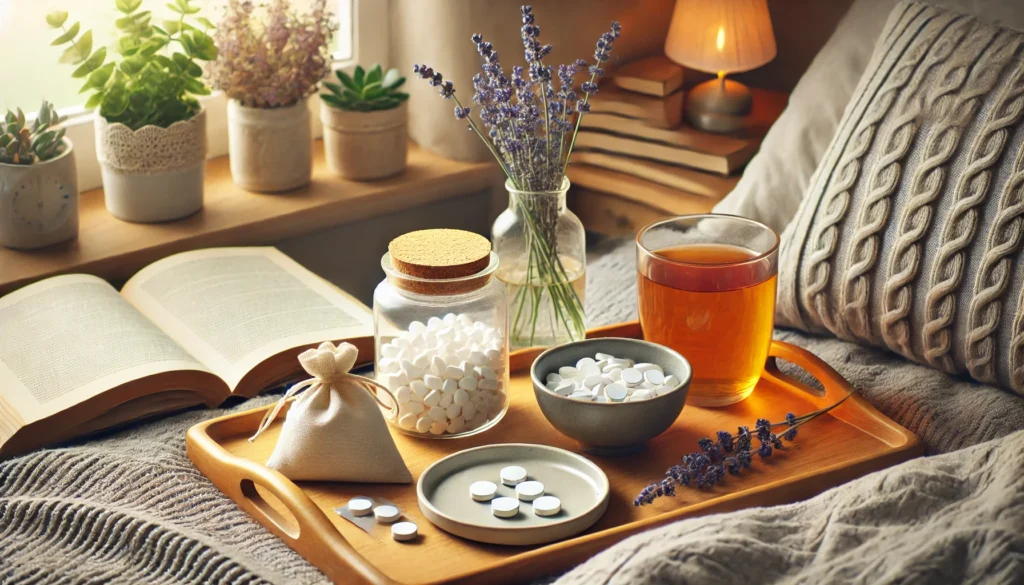 A cozy morning routine scene featuring anxiety-relieving supplements such as chamomile tea, a small dish of magnesium tablets, and a lavender sachet on a bedside table, accompanied by an open book and illuminated by soft natural lighting, showcasing the “best supplements for anxiety.”