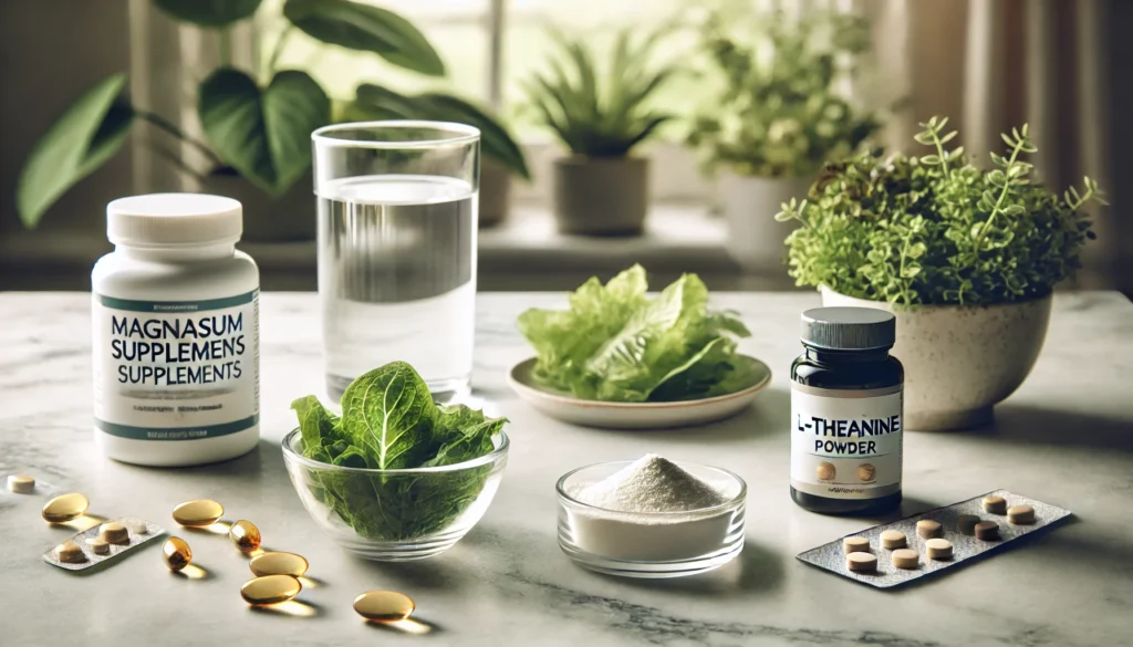 A selection of nutritional supplements for anxiety relief, including magnesium tablets, omega-3 capsules, and a small dish of L-theanine powder, displayed on a clean marble countertop with a glass of water and leafy greens in the background, softly lit with natural light, showcasing "natural alternatives to Valium.