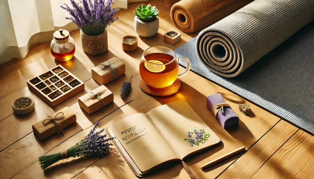 A peaceful lifestyle scene for anxiety management, featuring yoga accessories (mat, blocks), a steaming herbal tea cup, an open mindfulness journal, and a small bouquet of lavender, placed on a wooden floor near a sunlit window, illustrating "natural alternatives to Valium.