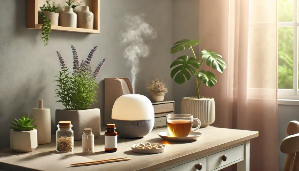 A serene home workspace designed for reducing anxiety, featuring a desk with a diffuser emitting calming lavender mist, a small tray of natural supplements like chamomile capsules, a cup of herbal tea, and a houseplant in soft natural light, embodying "natural alternatives to Valium.