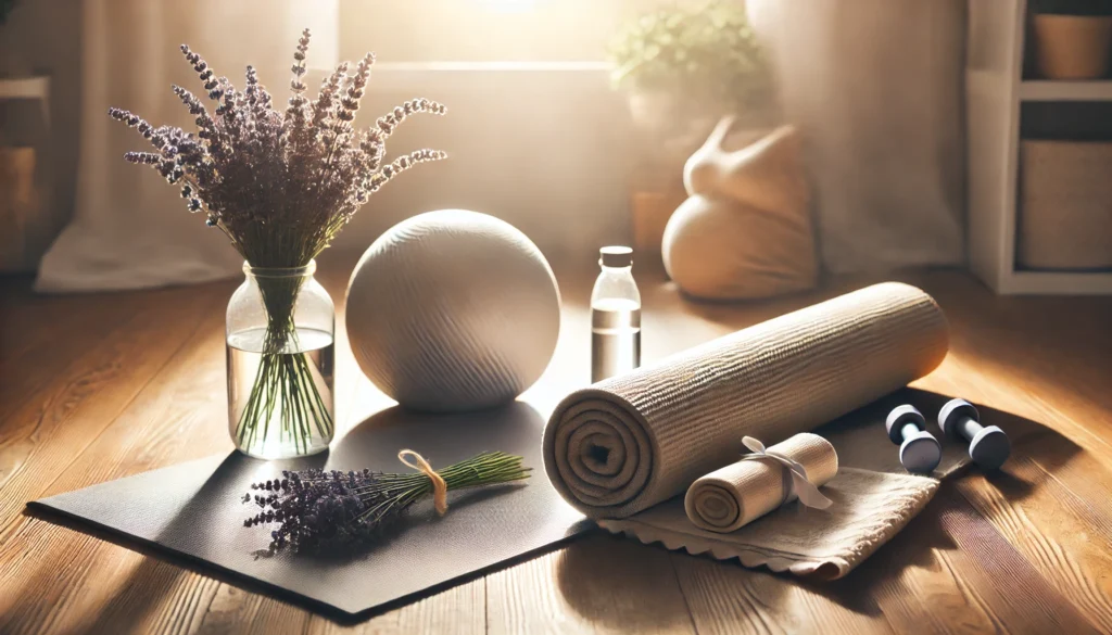 A peaceful prenatal yoga session setup featuring a yoga mat, a rolled towel, a small bouquet of lavender, and a bottle of water, with soft sunlight streaming through a window, creating a serene atmosphere for anxiety relief during pregnancy.