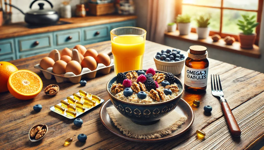 A nutritious breakfast setup for pregnancy, featuring a bowl of oatmeal topped with walnuts and berries, a glass of freshly squeezed orange juice, and a small plate of omega-3 capsules, placed on a wooden table with a cozy, bright kitchen background.