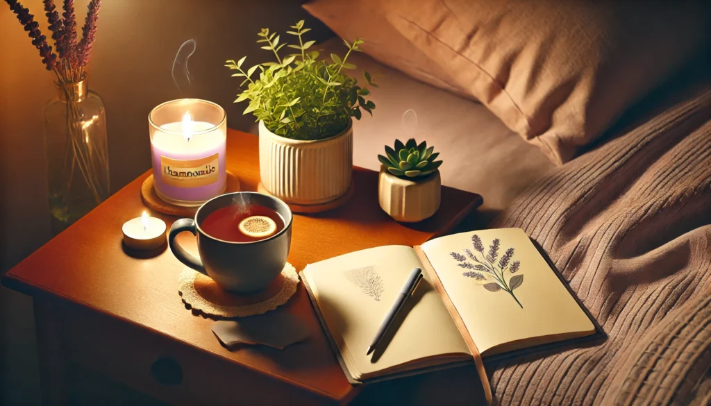 A serene nighttime routine for pregnant individuals, featuring a bedside table with a steaming cup of chamomile tea, an open journal with a pen, a lavender-scented candle, and a small potted plant, softly lit with warm bedside lighting.