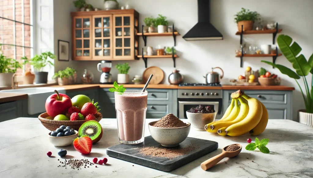 A modern kitchen counter featuring maca powder in a small bowl, a glass of smoothie made with maca, and fresh fruits like bananas and berries, surrounded by minimalist decor and natural light, showcasing a practical and healthy way to incorporate maca into daily life for anxiety management.