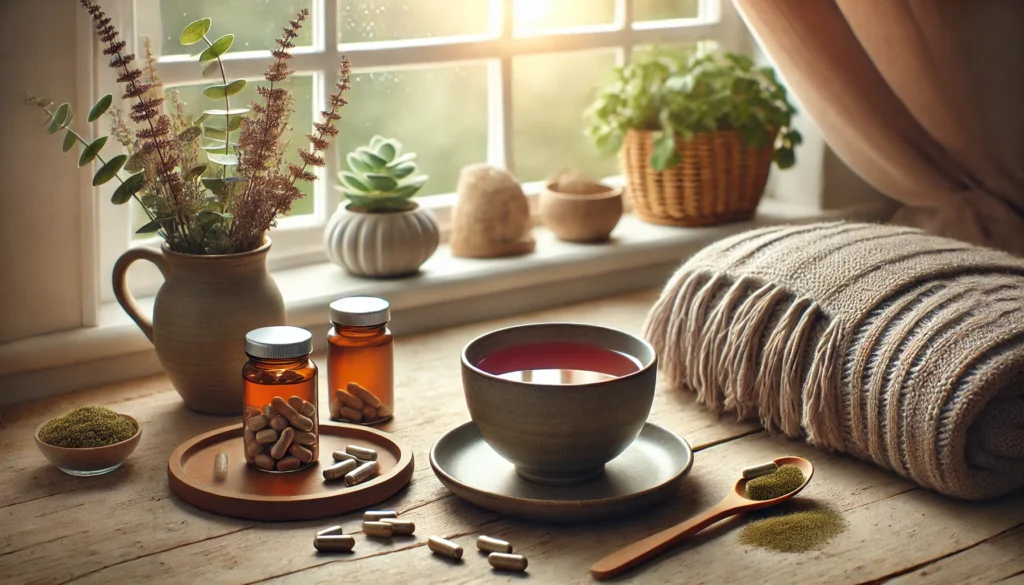 A tranquil home setting featuring a cup of tea made with maca powder, a small dish of maca capsules, and a cozy blanket on a wooden table near a large window with soft natural light filtering through, highlighting maca's role in creating a calming routine for anxiety relief.