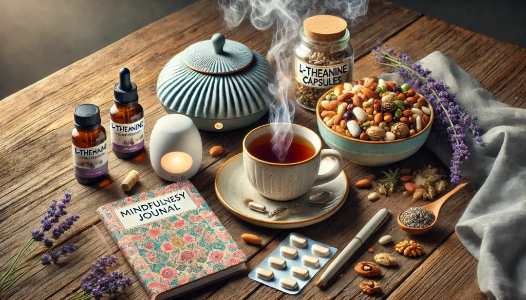 A natural anxiety relief toolkit featuring a bottle of L-theanine capsules, a steaming cup of chamomile tea, a bowl of mixed nuts and seeds, a small diffuser emitting lavender mist, and a mindfulness journal with a pen, arranged on a rustic wooden table for a calming atmosphere.