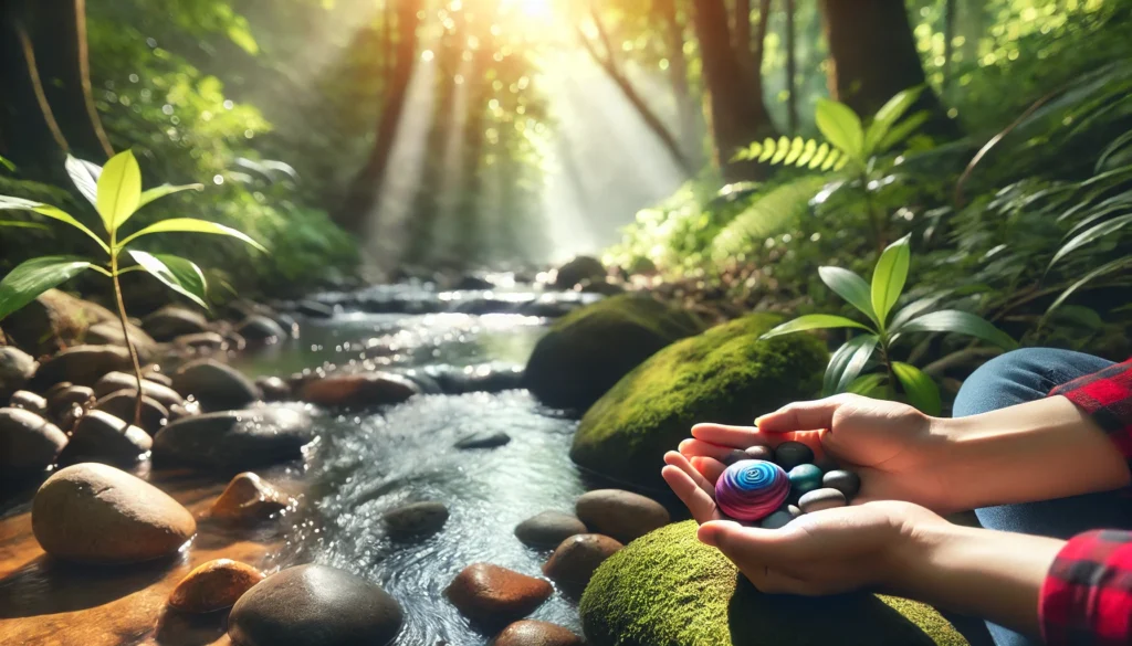 A peaceful outdoor setting with a person holding a smooth, colorful stress-relief stone near a gentle stream, surrounded by lush greenery and soft sunlight. Ideal for promoting mindfulness and reducing stress.
