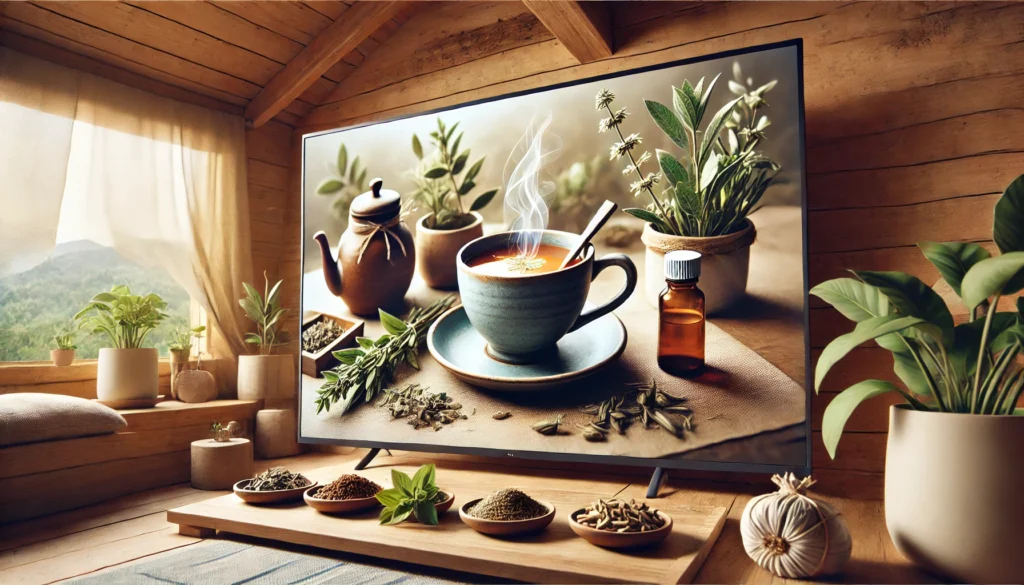 A cozy indoor setting with a steaming cup of adaptogenic tea made from holy basil and ashwagandha, placed on a wooden table surrounded by bundles of herbs, emphasizing relaxation and stress relief in a warm, inviting atmosphere.