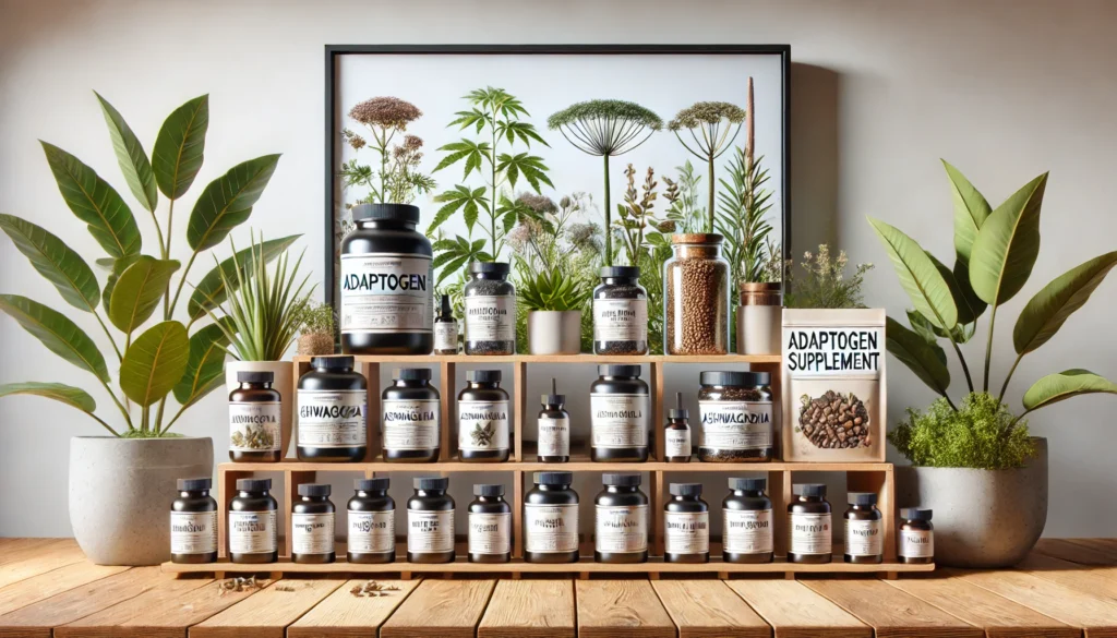 "A modern apothecary-style shelf filled with neatly arranged jars and bottles of adaptogen supplements, accented with natural wood and greenery, creating a harmonious, wellness-focused display.