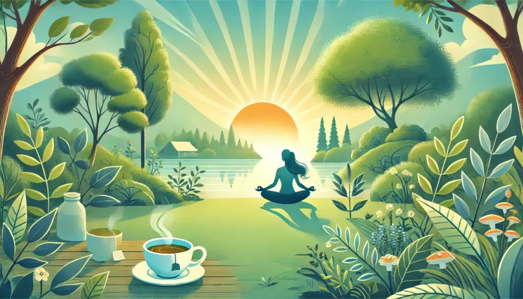 A serene morning scene with a yoga practitioner meditating outdoors, a cup of adaptogenic tea placed nearby, surrounded by lush greenery and soft sunlight, symbolizing stress relief and natural balance through adaptogens.