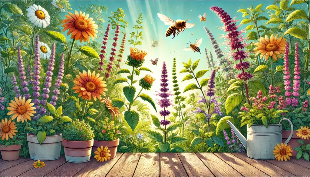 A vibrant adaptogenic herb garden featuring ashwagandha, holy basil, and Rhodiola rosea plants with bees and butterflies pollinating the flowers. A peaceful wooden bench sits under soft sunlight, creating a tranquil and natural ambiance for stress relief.