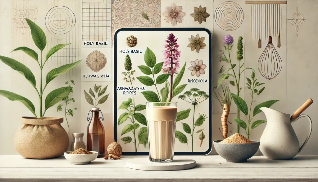 A minimalist kitchen counter with a glass of adaptogenic smoothie surrounded by fresh ingredients such as holy basil, ashwagandha roots, and rhodiola flowers, illuminated by natural light and promoting health through stress-relieving nutrition.