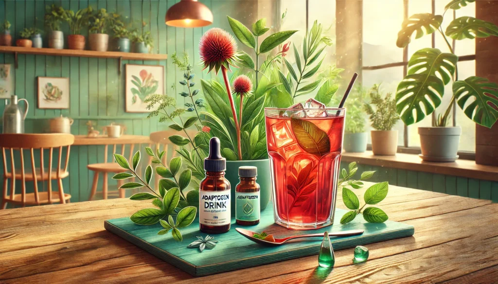 A vibrant café scene featuring a glass of iced adaptogenic drink on a wooden table, accompanied by a bottle of adaptogen drops and fresh herbs like rhodiola and ashwagandha, bathed in soft natural light to highlight wellness and relaxation.
