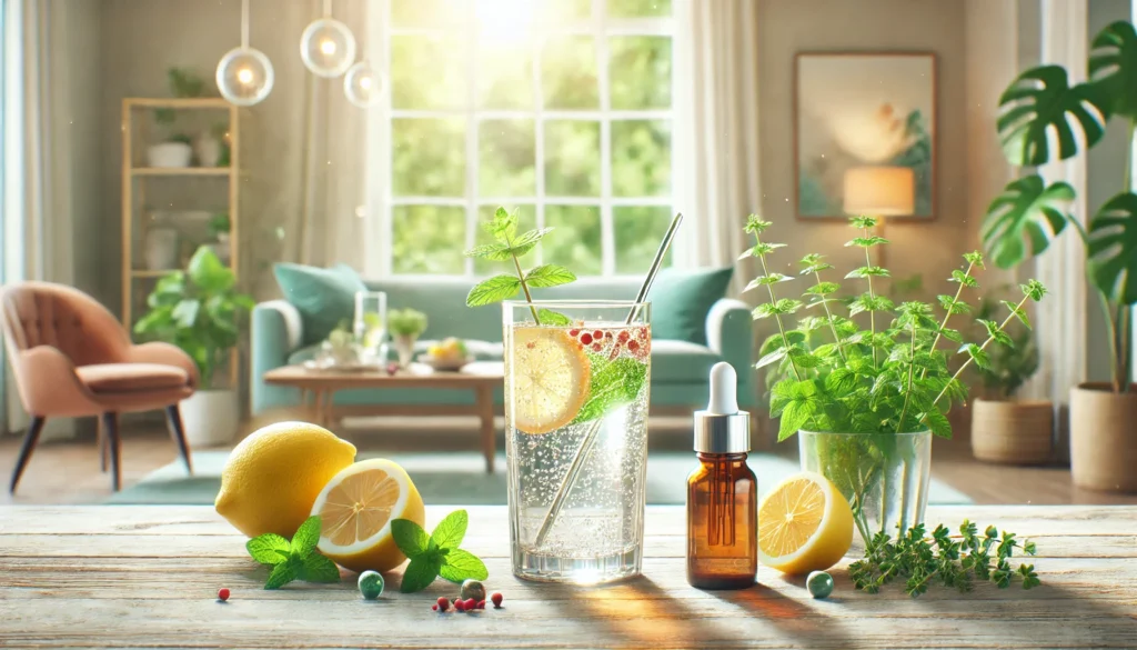 A tranquil home setting with a glass of sparkling water infused with adaptogen drops, surrounded by fresh herbs, lemon, and mint on a table, with soft natural light from a nearby window creating a refreshing and calming atmosphere.