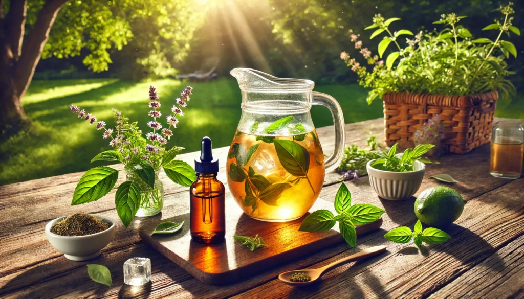 A relaxing outdoor picnic scene featuring a pitcher of iced adaptogenic tea and a small bottle of adaptogen drops on a wooden picnic table, surrounded by fresh herbs like holy basil and rhodiola, with sunlight filtering through tree branches to create a serene atmosphere