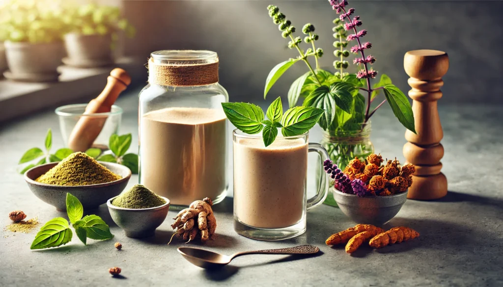 A modern kitchen countertop featuring a jar of adaptogen powder, a measuring spoon, and a smoothie garnished with Holy Basil leaves, Ashwagandha roots, and Rhodiola flowers, brightly lit by natural light.
