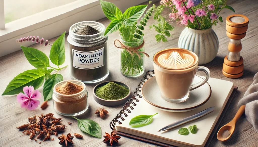 A wellness-themed workspace with adaptogen powder in a glass container, a frothy adaptogen latte, and an open notebook, surrounded by Holy Basil leaves, Ashwagandha roots, and Rhodiola flowers, set in a bright, minimalist environment