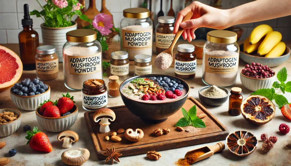 A wellness kitchen scene featuring adaptogen mushroom powders being added to a smoothie bowl, surrounded by fresh ingredients like berries, nuts, and herbs, with jars of mushroom supplements in the background.