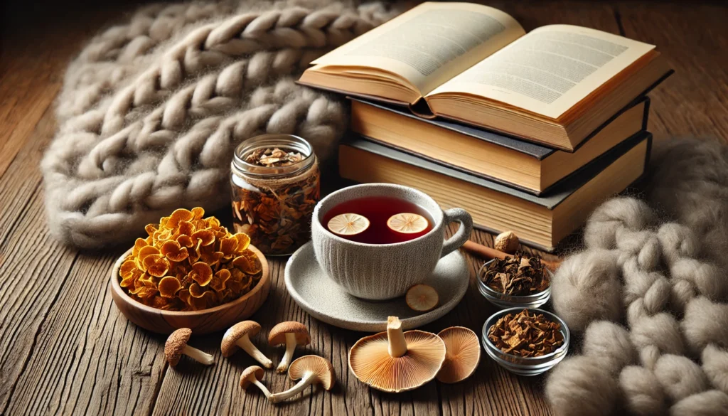 A cozy scene featuring a cup of adaptogen mushroom tea on a wooden table, accompanied by open books, a soft woolen blanket, and a small bowl of dried mushrooms, evoking relaxation and wellness.