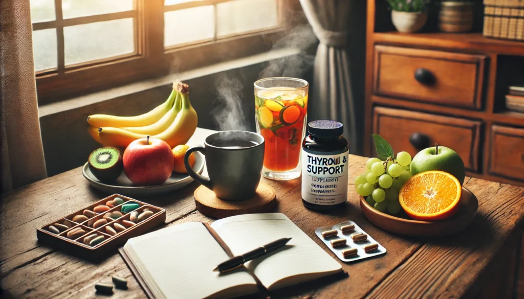 A calming morning setup featuring adrenal and thyroid support supplements next to a steaming cup of herbal tea, fresh fruits, and a notebook on a wooden table, illuminated by soft natural light from a nearby window