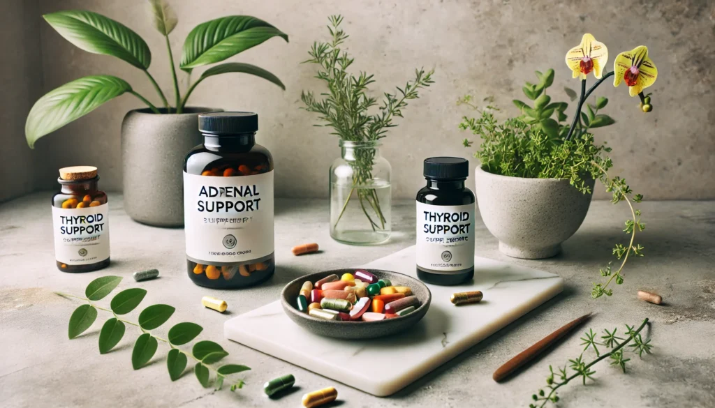 "A minimalist wellness display showcasing adrenal and thyroid support supplements, a small dish of colorful capsules, and fresh herbs on a marble surface, set against a neutral-toned background with greenery."