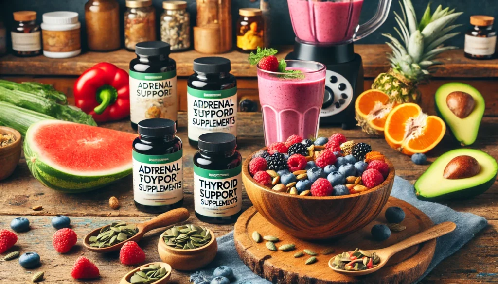 A lively kitchen scene featuring adrenal and thyroid support supplements placed next to a smoothie bowl with fresh berries, nuts, and seeds, surrounded by colorful vegetables and a blender in the background.