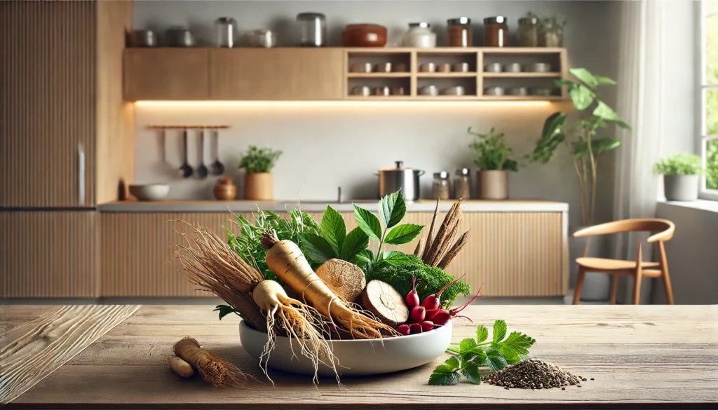 Modern kitchen with a bowl of fresh adaptogenic herbs like Ginseng, Rhodiola, and Ashwagandha on a wooden counter, symbolizing the blend of modern living and natural wellness.