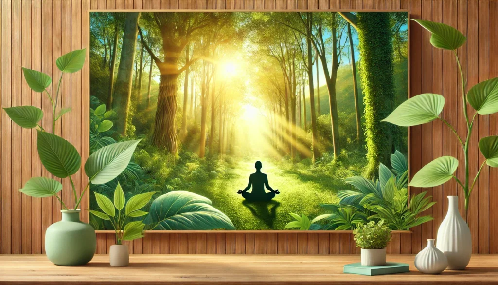 Person meditating in a tranquil forest surrounded by greenery, highlighting the stress-relieving benefits of adaptogens such as Ashwagandha and Rhodiola.
