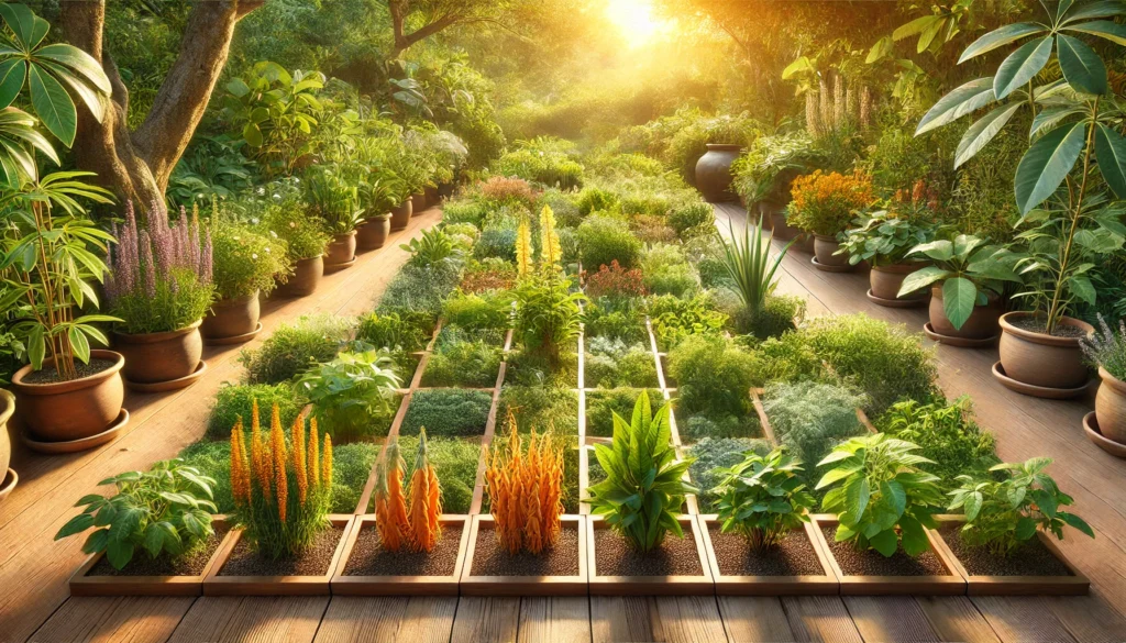 Vibrant herb garden featuring sections of adaptogenic plants like Ginseng, Ashwagandha, and Rhodiola under warm sunlight, showcasing their natural source and vitality.