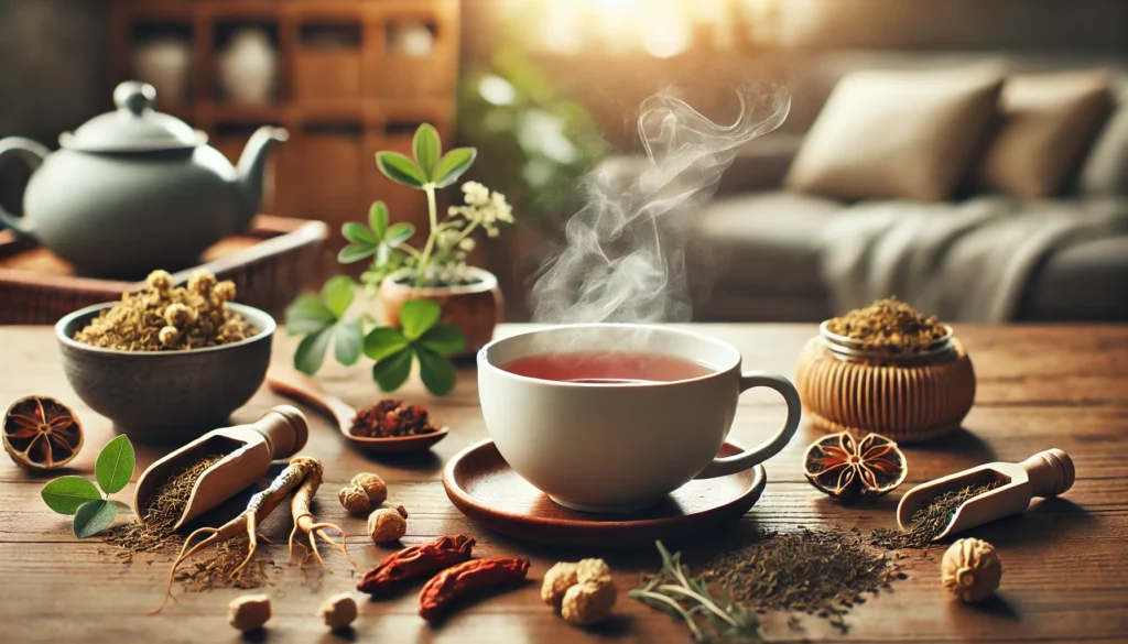Steaming cup of herbal tea surrounded by dried adaptogenic herbs like Ginseng and Ashwagandha on a wooden table, set in a serene and cozy home environment.