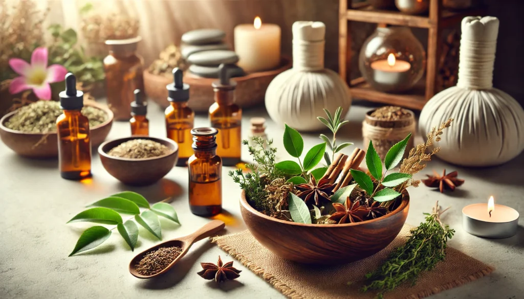 Tranquil spa setting with natural elements including bowls of dried herbs, fresh leaves, and essential oils, emphasizing organic wellness practices.