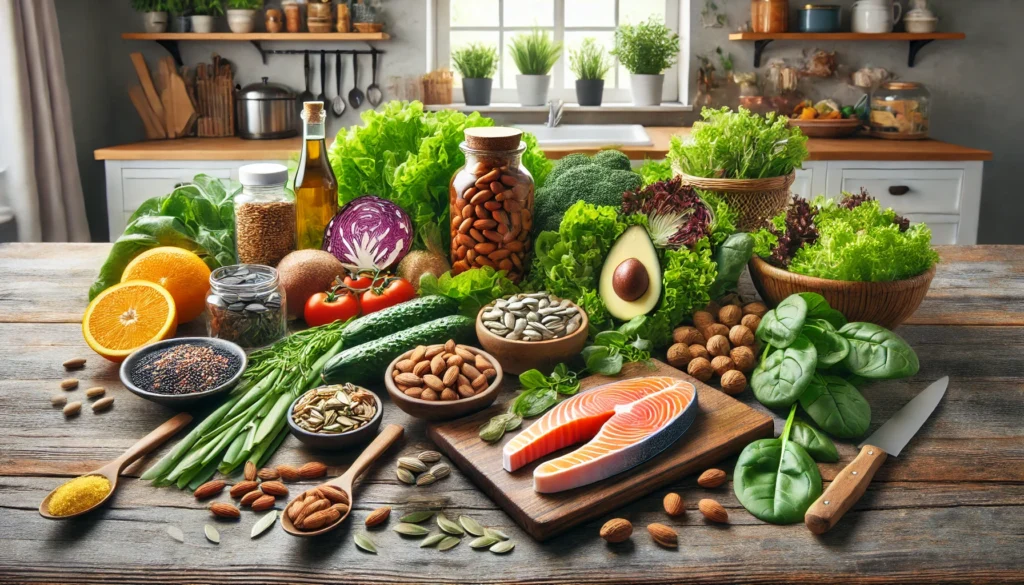 Vibrant kitchen table filled with nutrient-rich foods like leafy greens, nuts, seeds, and omega-3 supplements, emphasizing nutrition for managing irritability.