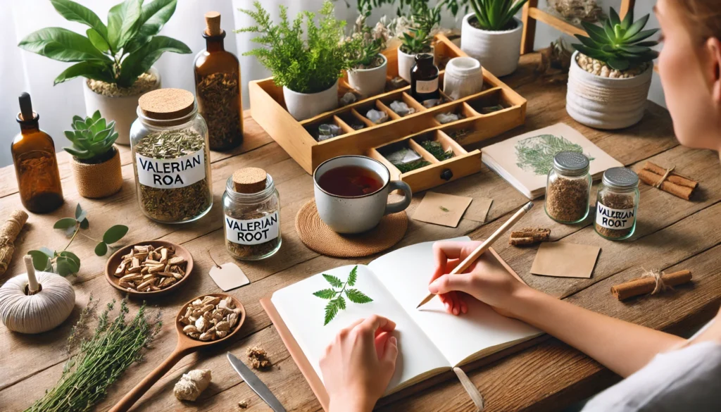 Person journaling at a wooden desk with a calming cup of valerian root tea nearby, surrounded by nature-inspired decor, symbolizing mindfulness and natural remedies.
